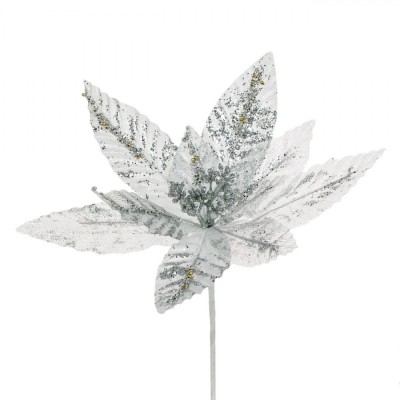 Floare Decorativă de Crăciun, Model Scurt, Culoare Argintiu, Material Poliester, Paiete și Glitter, 19cm foto