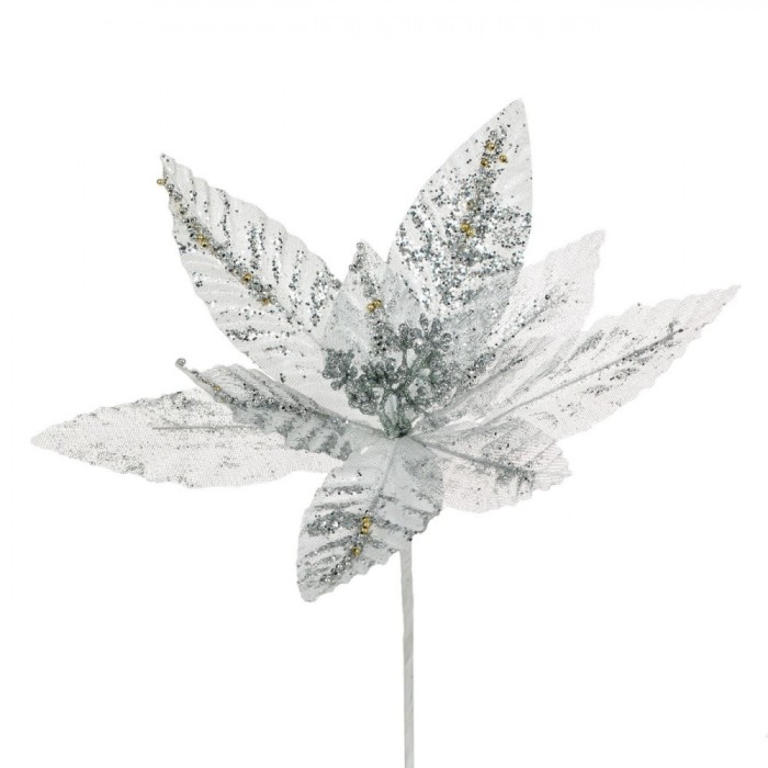 Floare Decorativă de Crăciun, Model Scurt, Culoare Argintiu, Material Poliester, Paiete și Glitter, 19cm