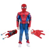 Cumpara ieftin Set costum Spiderman KidMania&reg; cu muschi, cagula si doua manusi lansator cu ventuze pentru copii 5-7 ani 110-120 cm