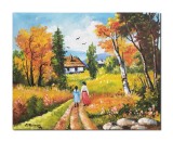 Cumpara ieftin Tablou peisaj rural pictat manual, Amintiri din copilarie, la bunici, 50x40cm ulei pe panza, Constantin Feraru