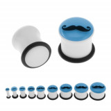 Piercing alb pentru ureche - plug, mustaţă, cauciuc, partea frontală albastră, fosforescentă - Lățime: 3 mm