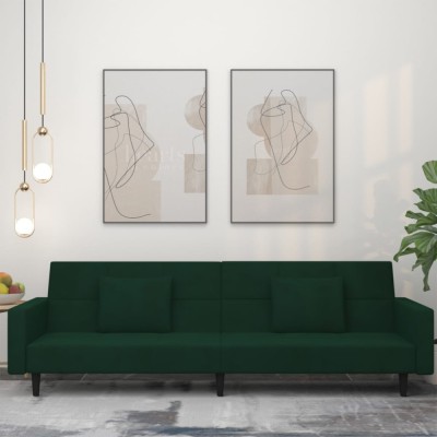 vidaXL Canapea extensibilă cu 2 locuri, 2 perne, verde &amp;icirc;nchis catifea foto