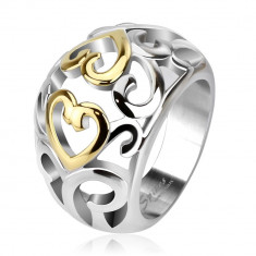 Inel din oțel cu ornament decupat, auriu și argintiu - Marime inel: 52