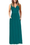 Rochie maxi pentru femei, rochie de vară fără m&acirc;neci, rochie lungă elegantă cu decolteu &icirc;n V ad&acirc;nc, rochie de seară cu buzunare, verde &icirc;nchis, mărimea