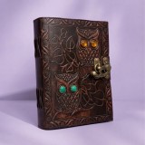 Jurnal din Piele Naturala Maro cu Bufnite E i Pietre Incrustate (13x18 cm) , Agenda Vintage cu Inchizatoare Metalica