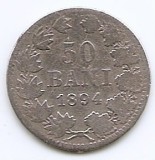 Romania 50 bani 1894 - Carol I, Argint 2.5 g/835, 18.6 mm, KM-23