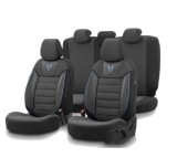 Set huse scaune textil cu piele ecologica TORO Design - Neagra cu cusatura albastra, pentru scaune fata si spate