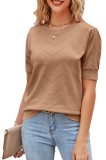 Bluza tricotata Newshows, maneca scurta, guler rotund, model chevron, casual-elegant, camel