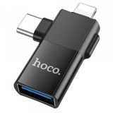 Adaptor OTG USB-C / Lightning - USB-A HOCO UA17, Negru, Apple