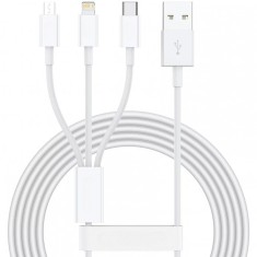 Cablu USB 3in1 Flippy SX - 21, USB la micro USB/USB-C/compatibil iphone, 3A, 1.2m (alb) foto