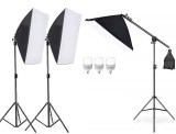 Cumpara ieftin Kit 3 softbox cu macara si 3x becuri foto LED de 20 W, Negru, Oem