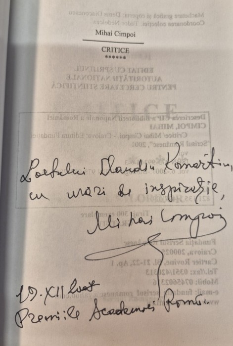 Critice dialogul valorilor Mihai Cimpoi cu autograf