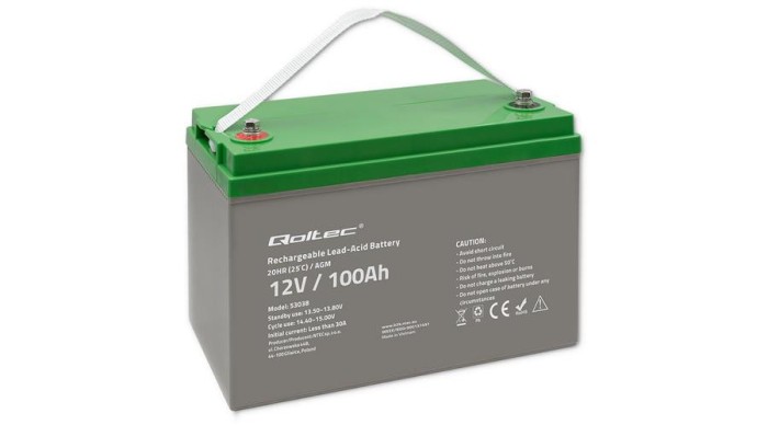 Baterie Qoltec AGM | 12V | 100Ah | 28,1 kg | Fără &icirc;ntreținere | PV, UPS, RV, Barcă