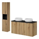 Set mobilier baie 120 cm Skelbolu cu dulap &icirc;nalt, stejar si negru