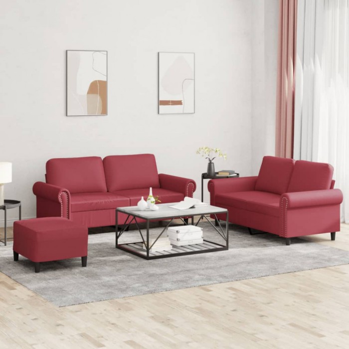 Set de canapele cu perne, 3 piese, roșu vin, piele ecologică
