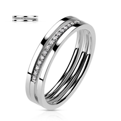 Inel din oțel inoxidabil - linie triplă, zirconii transparente, culoare argintie - Marime inel: 49 foto