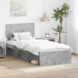 vidaXL Cadru de pat cu headboard Beton 90 x 200 cm Lemn de pin masiv 3412126