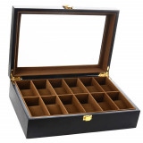 Cutie caseta din lemn pentru depozitare si organizare 12 ceasuri, model Pufo Imperial, negru mat