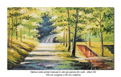 Tablou 3D peisaj pictat manual, Peisaj din padure, aer curat, 100x60cm ulei pe panza in cutit, gata de expus pe perete foto