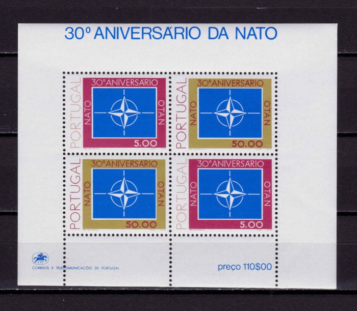 ✅(C36) Portugalia 1979 ,&quot;30 de ani NATO &quot;, colita 26, bloc 2x Mi. 1439/1440, MNH