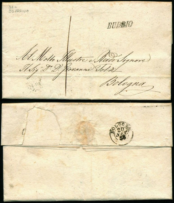 Italy 1858 Postal History Rare Stampless Cover + Content Budrio Bologna D.1083