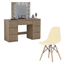 Masa de toaleta/machiaj + Scaun stil scandinav, Artool, Vanessa, stejar wotan, cu oglinda si LED-uri, 130x43x143 cm foto