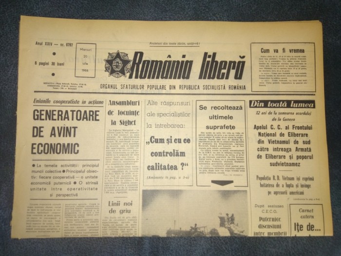 ZIARUL ROMANIA LIBERA 20 IULIE 1966 RAZBOI VIETNAM