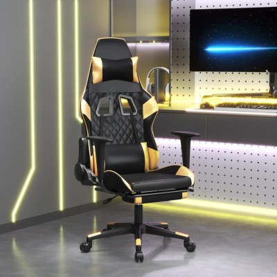 vidaXL Scaun de gaming cu suport picioare negru/auriu, piele ecologică foto