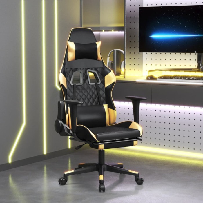 vidaXL Scaun de gaming cu suport picioare negru/auriu, piele ecologică