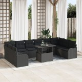 Set 11 piese gradina perne ratan poli negru, canapea gradina 2 locuri spatiu depozitare &amp; perne ratan poli negru