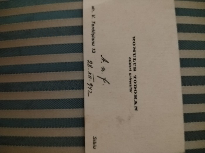 Carte de vizita a viitorului prof. univ. Romulus Tudoran, cand era asistent