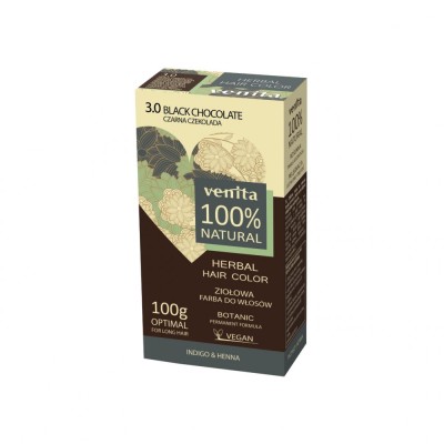 Vopsea de par pulbere, pe baza de plante, naturala 100%, Venita, Nr 3.0, Ciocolata Neagra, 100g foto