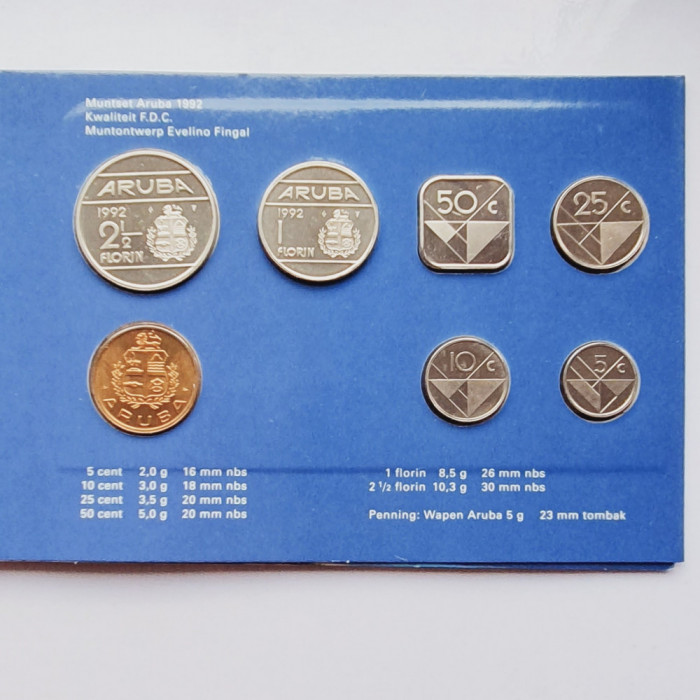 M0005 Aruba set monetarie 6 monede 1992 5, 10, 25, 50 Cents 1, 2&frac12; Florin MS 7
