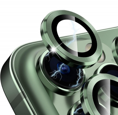Sticla de protectie camere cu cadru din aluminiu pentru iPhone 15 Plus, Verde foto