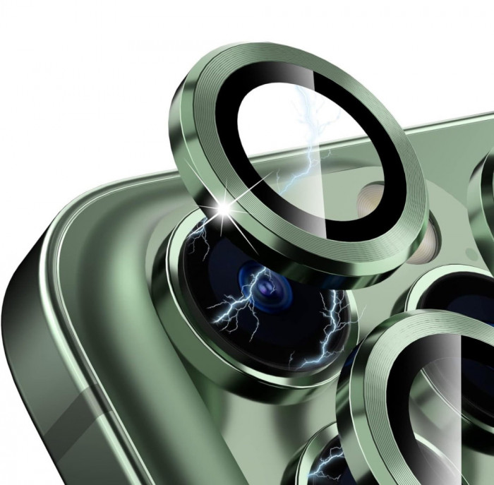 Sticla de protectie camere cu cadru din aluminiu pentru iPhone 15 Pro, Verde