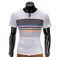 Tricou pentru barbati, alb, cu dungi multicolore, mulat, slim fit - z333-alb foto