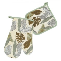 Set Mănușă și șervet Bucătărie, Model Frunze Tropicale, Verde Bej, 2 Bucăți, Bumbac