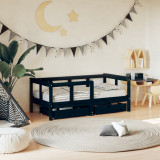 Cadru de pat copii cu sertare, negru, 70x140 cm, lemn masiv pin