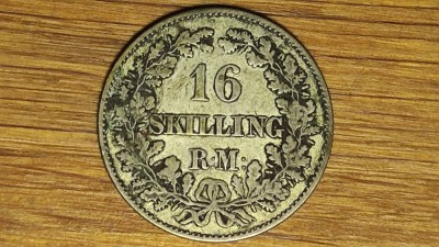 Danemarca - moneda foarte veche argint - 16 skilling rigsmont 1858 - Frederik VII - greu de gasit! foto