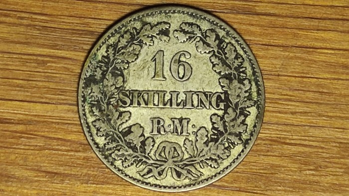 Danemarca - moneda foarte veche argint - 16 skilling rigsmont 1858 - Frederik VII - greu de gasit!