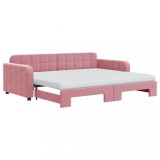 Cumpara ieftin Pat de zi cu extensie si saltea, roz, 90x200 cm, catifea