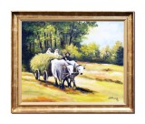 Cumpara ieftin Tablou inramat, Car cu boi, pictat manual 60x50cm ulei pe panza, reproducere Nicolae Grigorescu