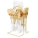 Cumpara ieftin Set tacamuri cu 24 piese, din otel inoxidabil, durabil si rezistent la coroziune, cu suport, dimensiune 25 X 15 X 13cm, alb/auriu
