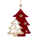 Ornament Crăciun Lemn Brad Catifelat Roșu cu Glitter, 12cm, Oem
