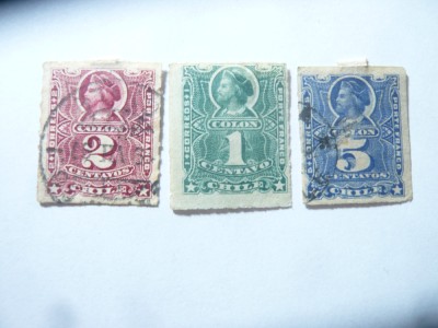 3 Timbre Chile 1878 - Columb : 1 , 2 si 5c stampilate foto