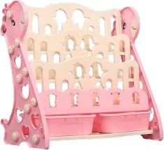 Organizator pentru jucarii si carti, 3 rafturi si 2 cosulete,roz 53.5x28.5x51cm foto