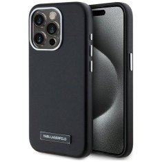 Husa iPhone 15 Pro Max Karl Lagerfeld Leather MagSafe, FW Metal Plate, negru, KLHMP15XPGMSRPK foto