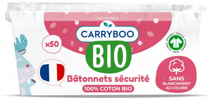 Betisoare cu bumbac BIO securizate pentru bebelusi Carryboo