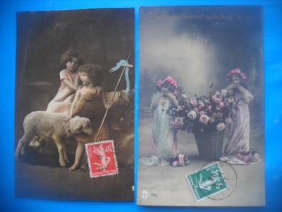 HOPCT 1731 COPII -TCV-ROMANTICA-FRANTA-LOT 2 CARTI POSTALE VECHI-CIRCULATE foto