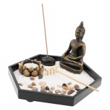 Decoratiune gradina zen in miniatura suport hexagonal cu buddha lumanare betisoare parfumate si accesorii, Stonemania Bijou